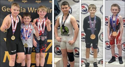 Gilmer wrestling youth state placers Luke Bland, Luke Gaitanoglou, Ashten Cobb, Xander Tobias, Dawson Duncan and Drayvin Fonteboa.