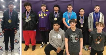 Above are Gilmer’s state placers and participants. At left is Christian Bautista, and at right, kneeling from left are, Caleb Gaspar, Jamey Allen and Jasper Barr. Back row are, Rojelio Zavala, David Coursey, Fabian Perez, Madden Hopkins, Keigan Brookshire and Parker Settel.